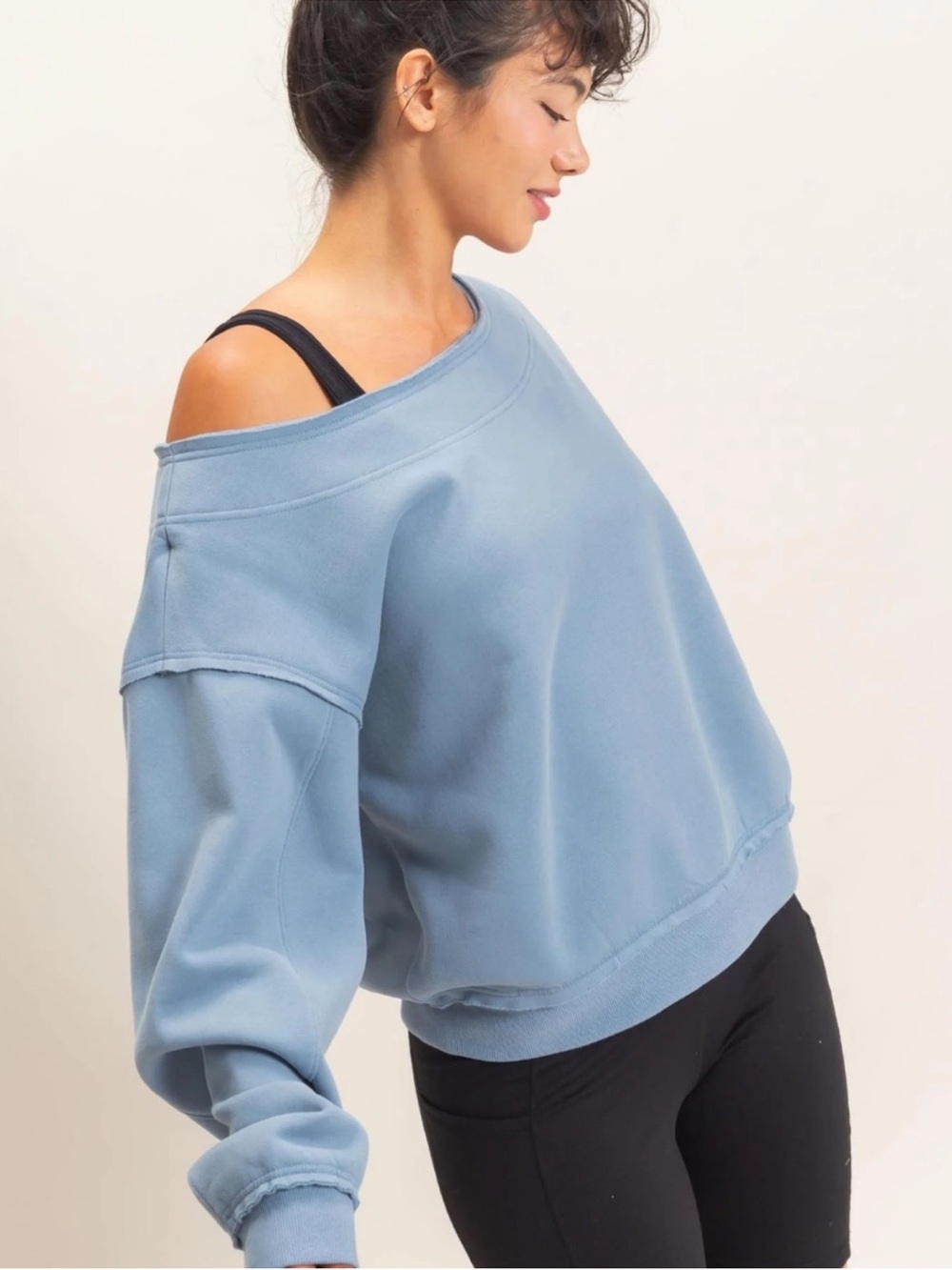 NEW Double Zero Dusty Blue Raw Edge Off Shoulder Sweatshirt – Large - Picture 3 of 6